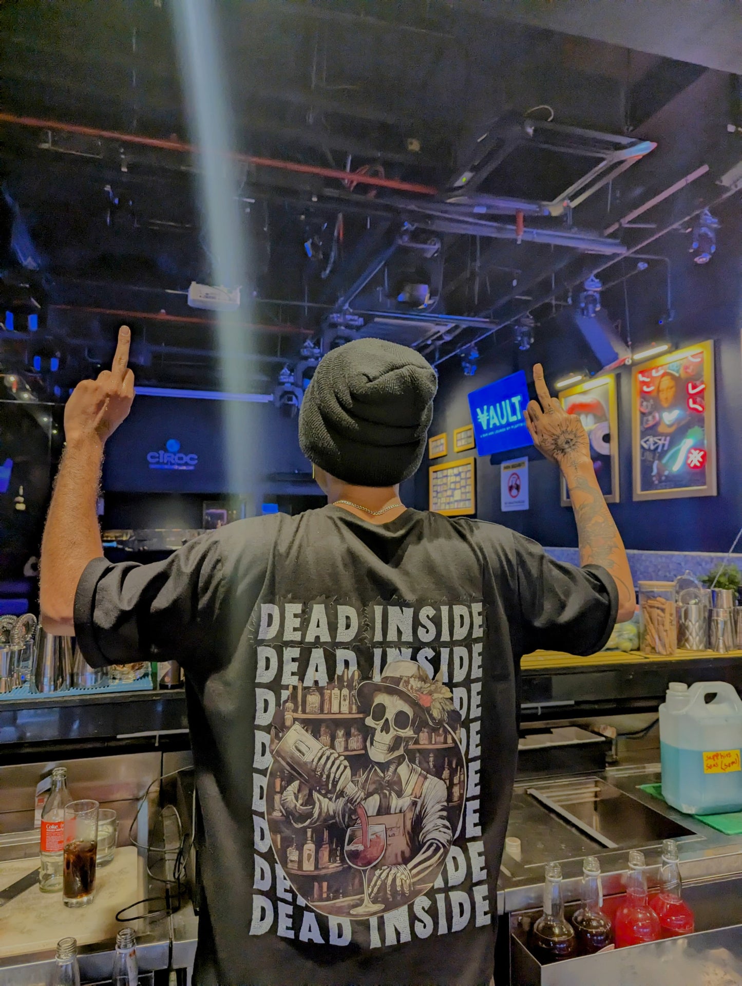 Drunkenlankan Black oversized T-shirt with Dead Inside design. (hospitality mentality)